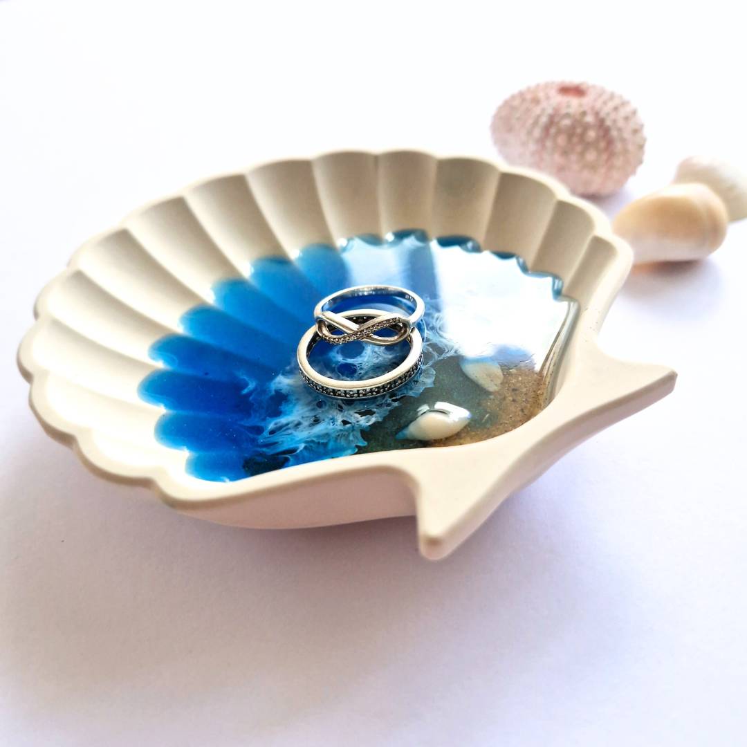 Seashell Ring Dish with Ocean Resin Art - Beach Lovers Gift