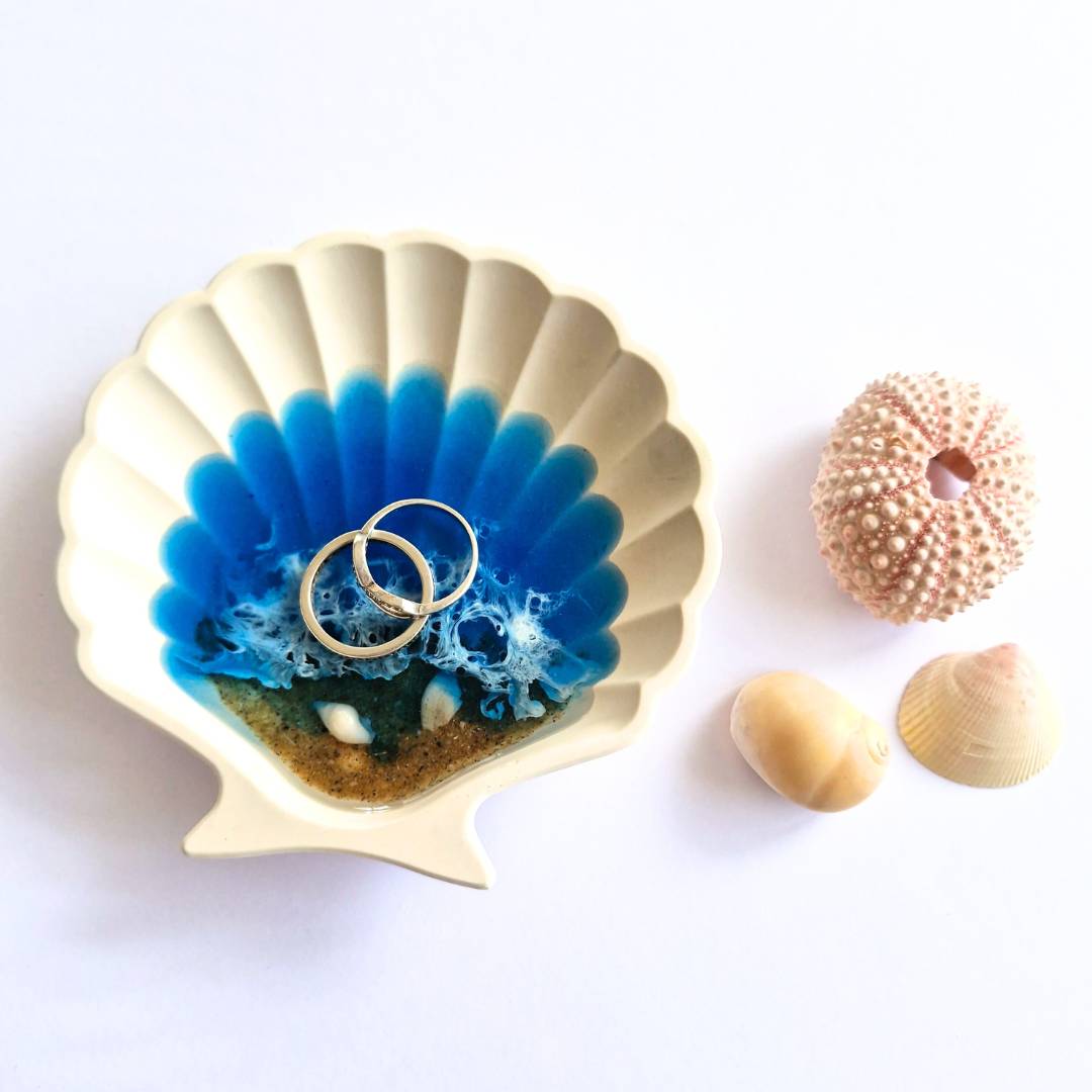 Seashell Ring Dish with Ocean Resin Art - Beach Lovers Gift