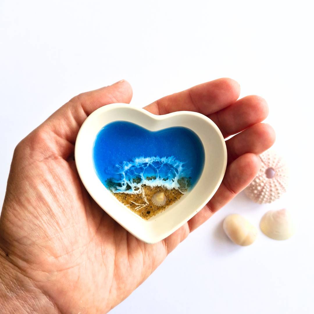 Blue Ocean Heart Ring Dish - Melbourne Beach Resin Art - Wedding Anniversary Gift