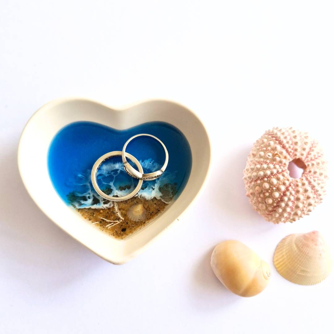 Blue Ocean Heart Ring Dish - Melbourne Beach Resin Art - Wedding Anniversary Gift