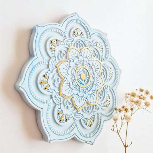 Flower shape blue and gold mandala ring dish/ coaster on white background