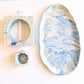 Blue And White Marbled Home Decor Gift Set - Tray - Candle Holder - Vase
