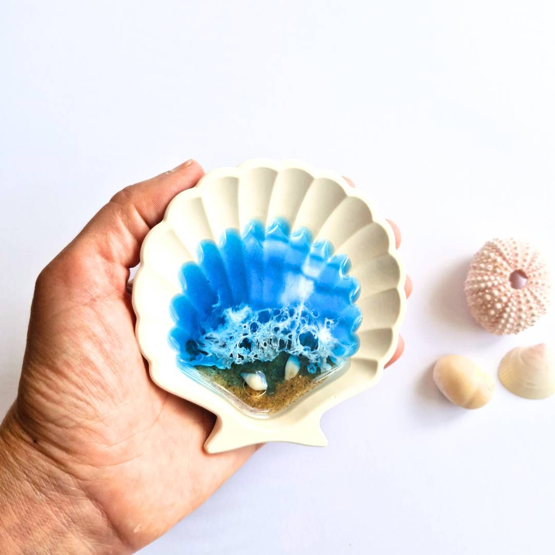 Seashell Ring Dish with Ocean Resin Art - Beach Lovers Gift