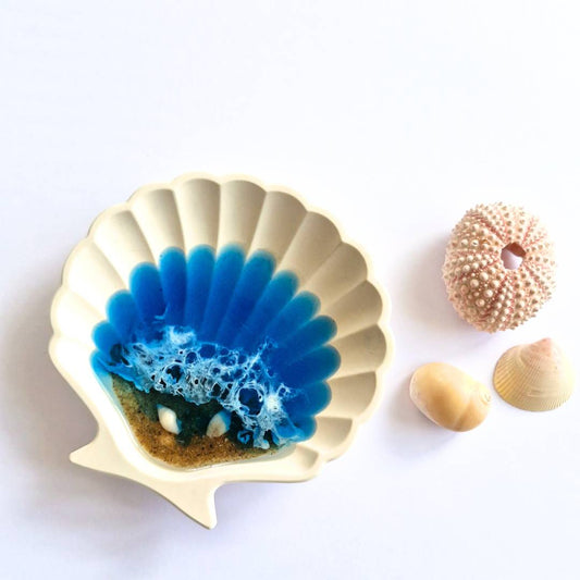 Ocean shell ring dish with blue resin waves, real Melbourne beach sand and shells
