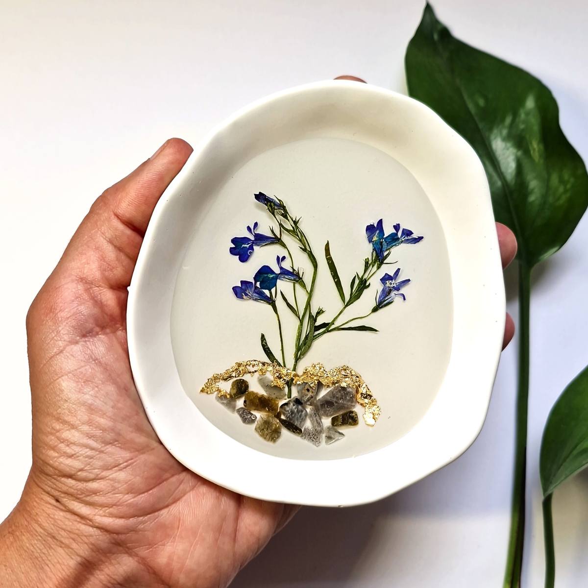 Botanical Jewellery Dish with Real Pressed Flowers & Gemstones