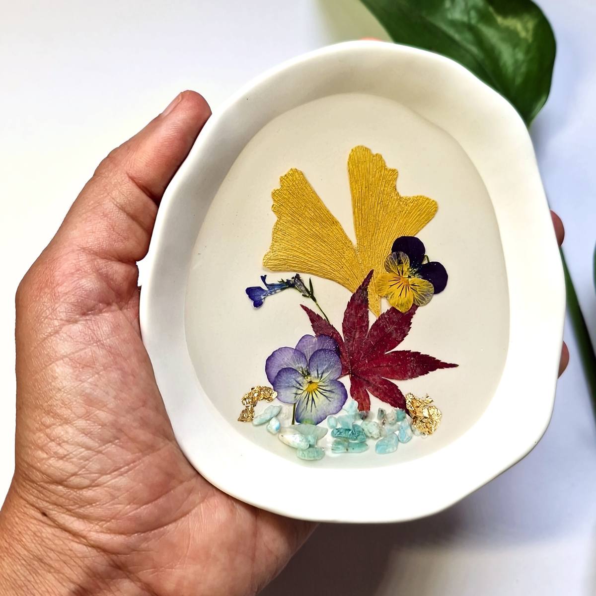 Botanical Jewellery Dish with Real Pressed Flowers & Gemstones