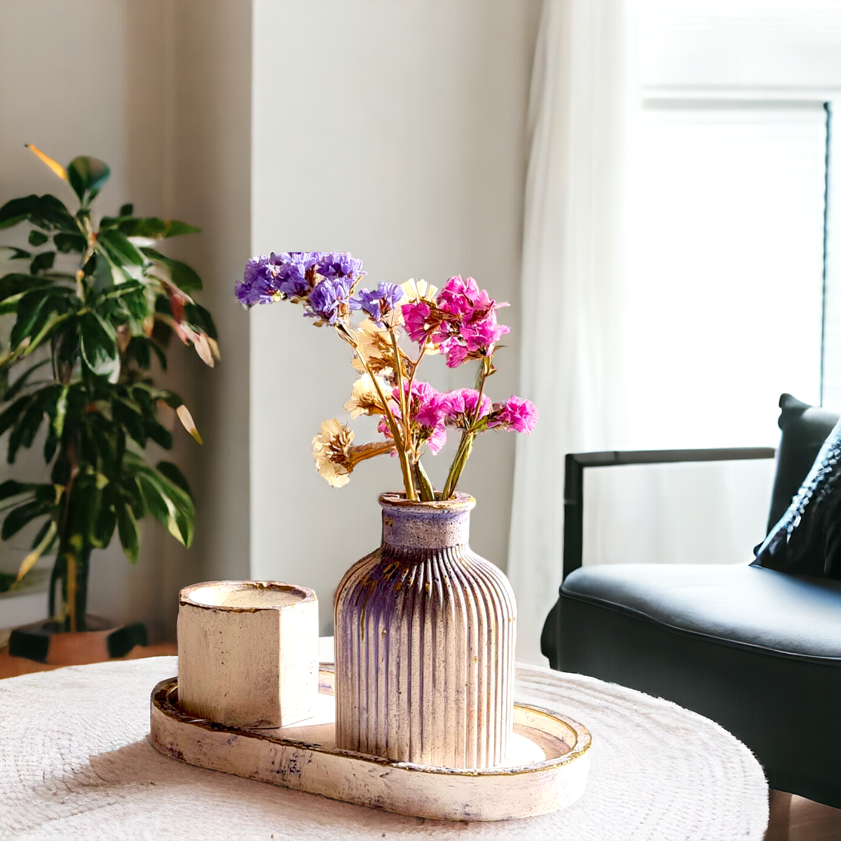 Stylish Bedroom Decor Set: Handcrafted Vase, Tray, and Candle Holder