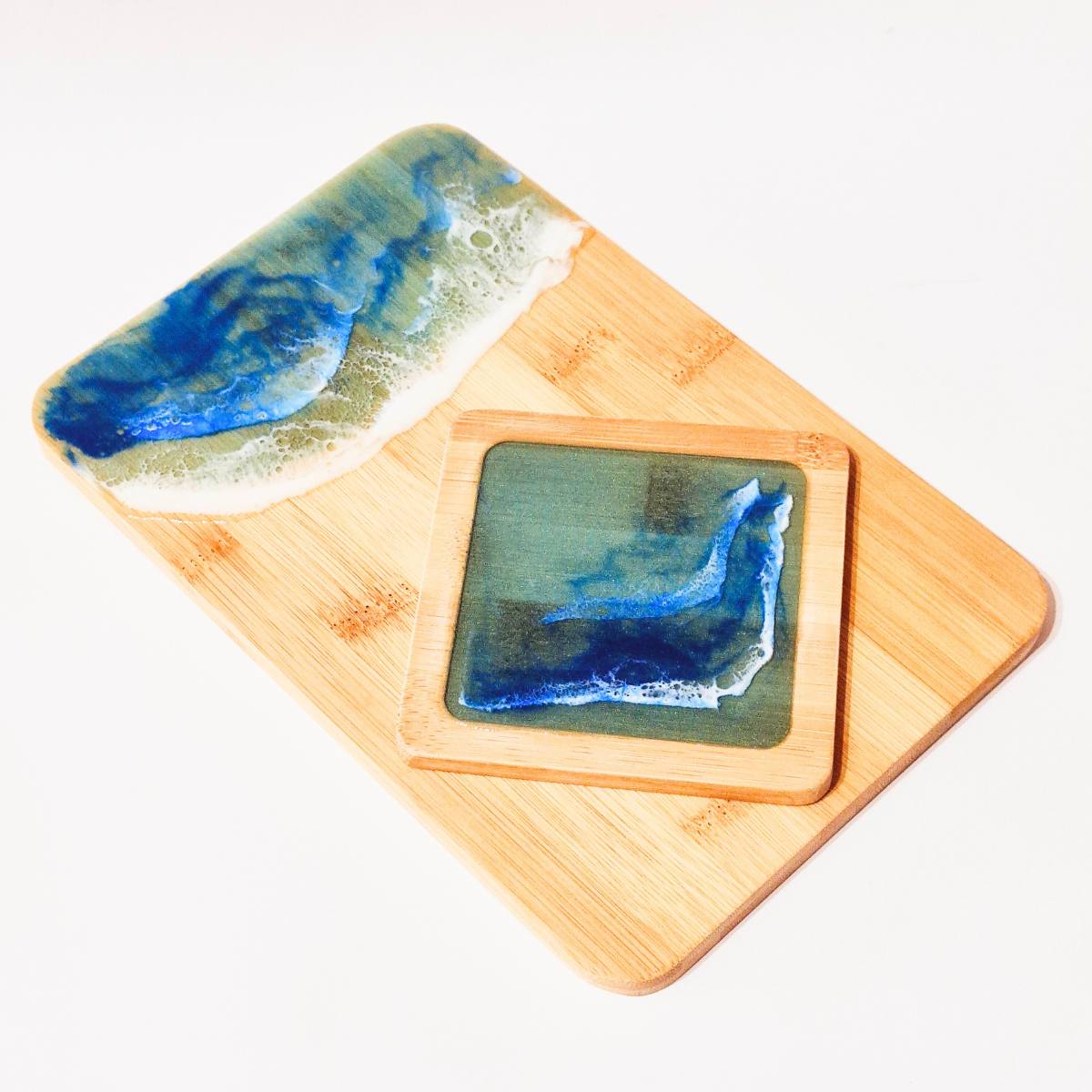 Small Ocean Art Serving Board And Coaster Gift Set | Unique Gift For Him Or Her