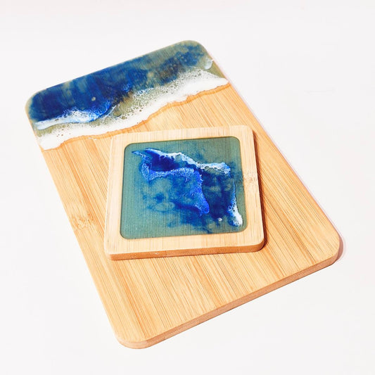 Small Ocean Art Serving Board And Coaster Gift Set | Unique Gift For Him Or Her