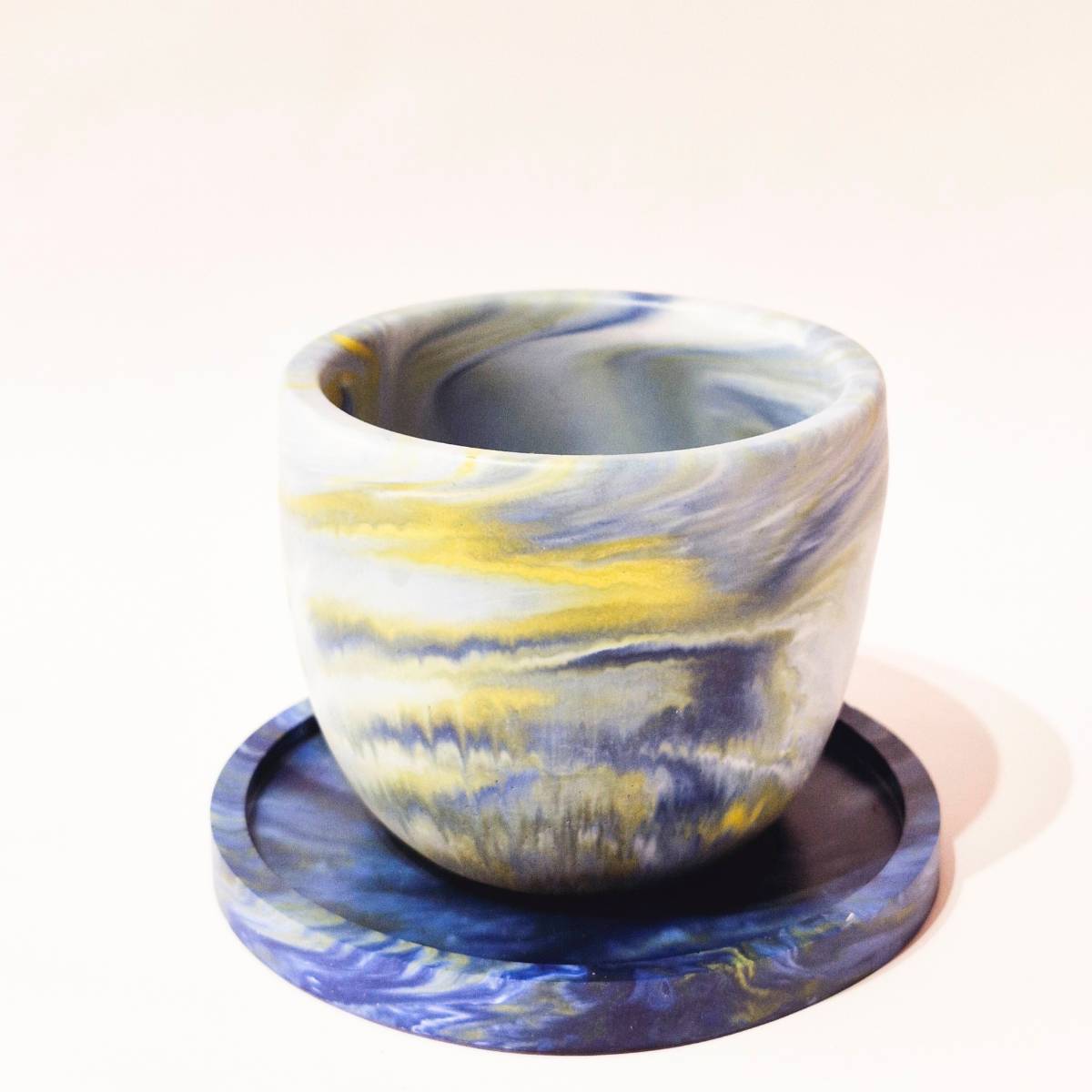 Small Plant Pot And Saucer | Succulent Pot | Blue And Yellow