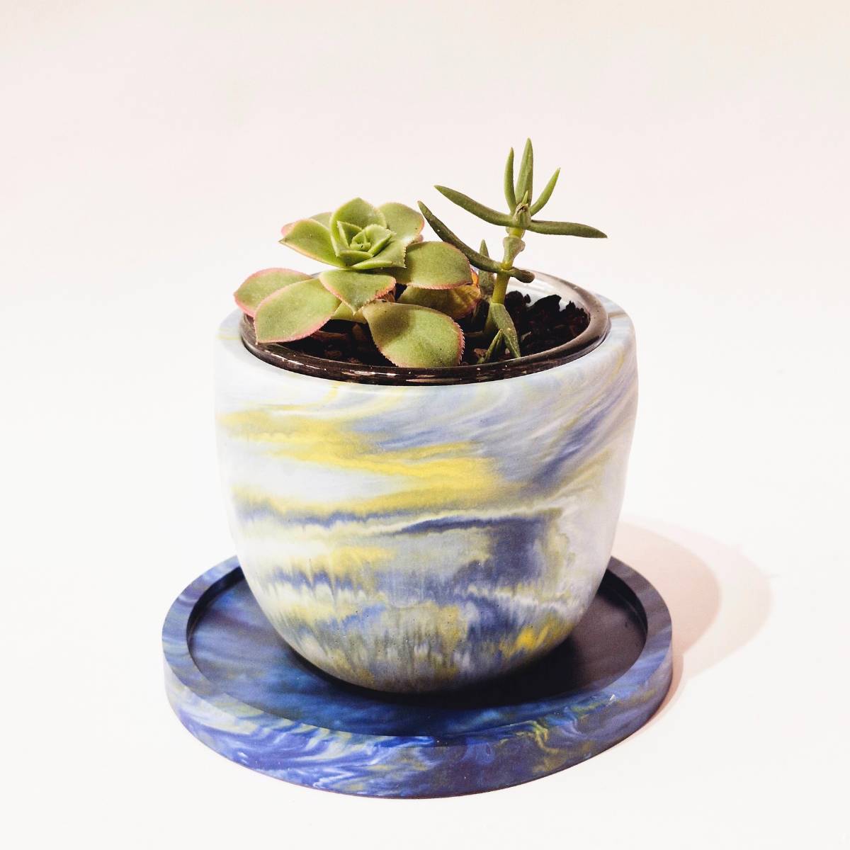 Small Plant Pot And Saucer | Succulent Pot | Blue And Yellow