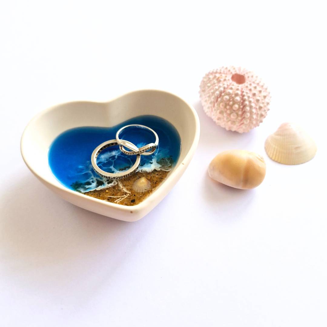 Blue Ocean Heart Ring Dish - Melbourne Beach Resin Art - Wedding Anniversary Gift